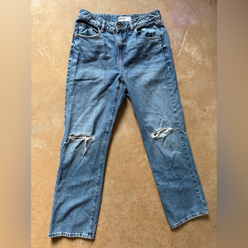 Garage High Waisted Distressed Straight Leg Blue Jeans - Picture 2 of 4